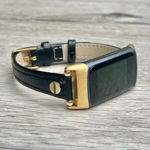 Fitbit Charge 6 Band Slim Leather Strap, Adjustable Size Bracelet Gold Accents